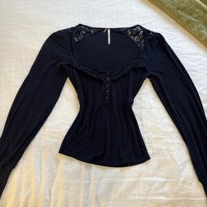 Free People Navy Lace Detail Long Sleeve Top